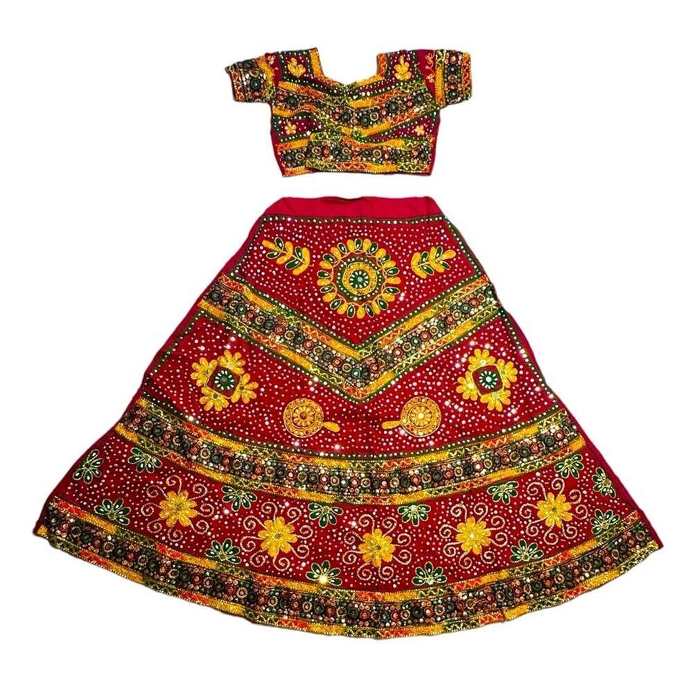 New Burgundy Cotton Banjara Chaniya Choli from Rajasthan with Beads Embroidery